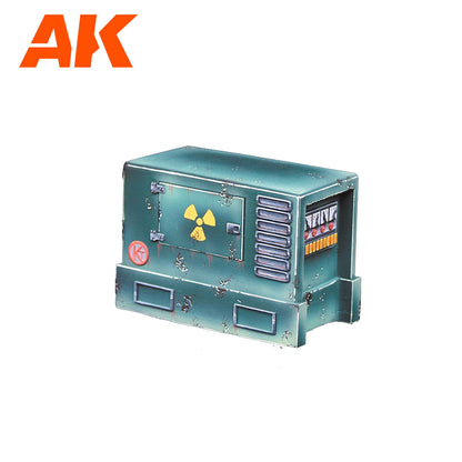 A weathered green miniature power unit with a yellow radiation symbol, features control panel details, for model terrain