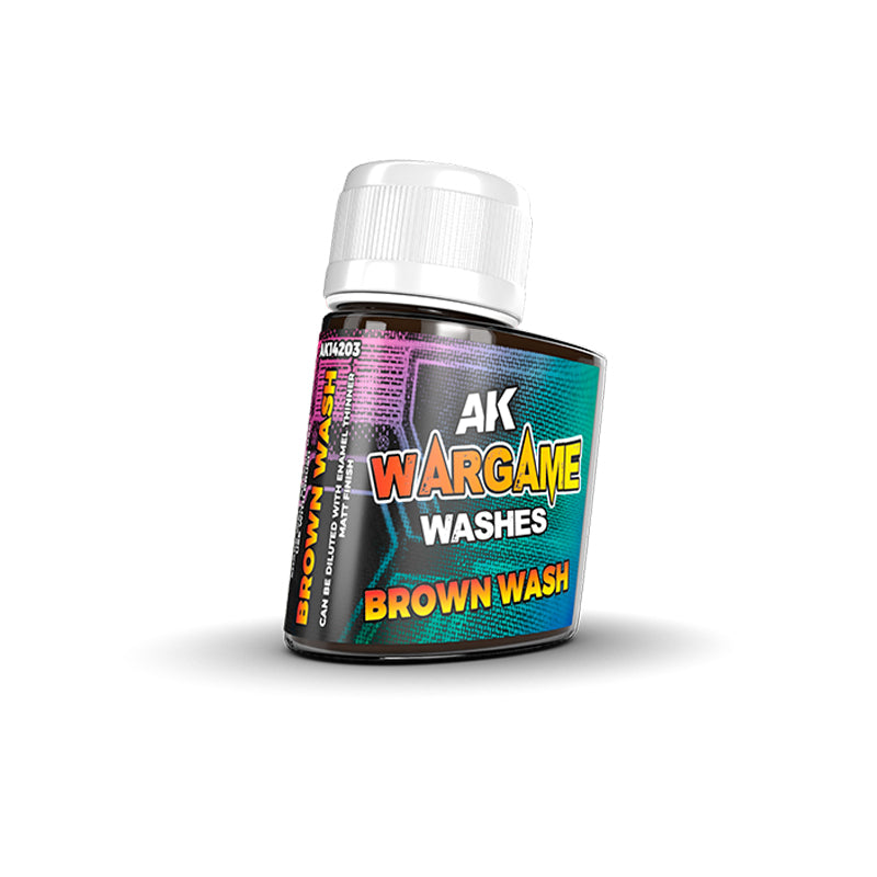 Brown AK Wargame Wash bottle with white cap and colorful label, for miniature painting