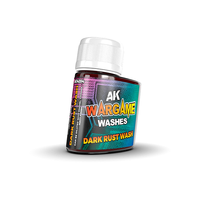 AK Wargame Washes Dark Rust Wash bottle, dark rust-colored liquid with white cap, for miniature models