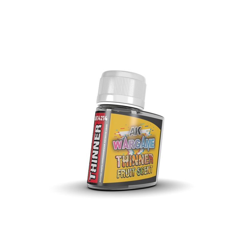 Clear bottle of AK Wargame Thinner Fruit Scent with white cap and yellow label
