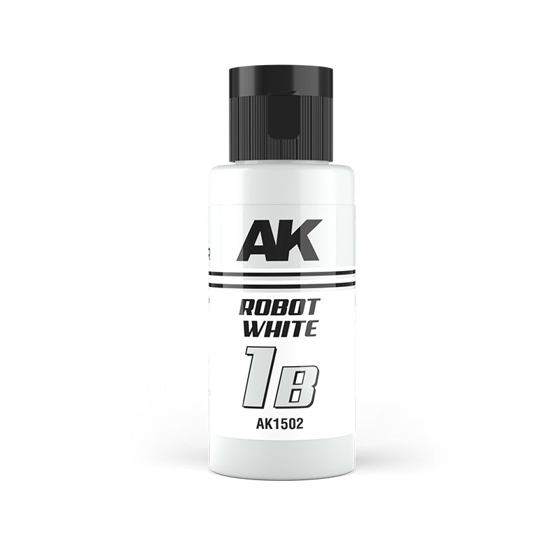 White AK Robot White paint bottle with black cap, labeled 1B (AK1502)