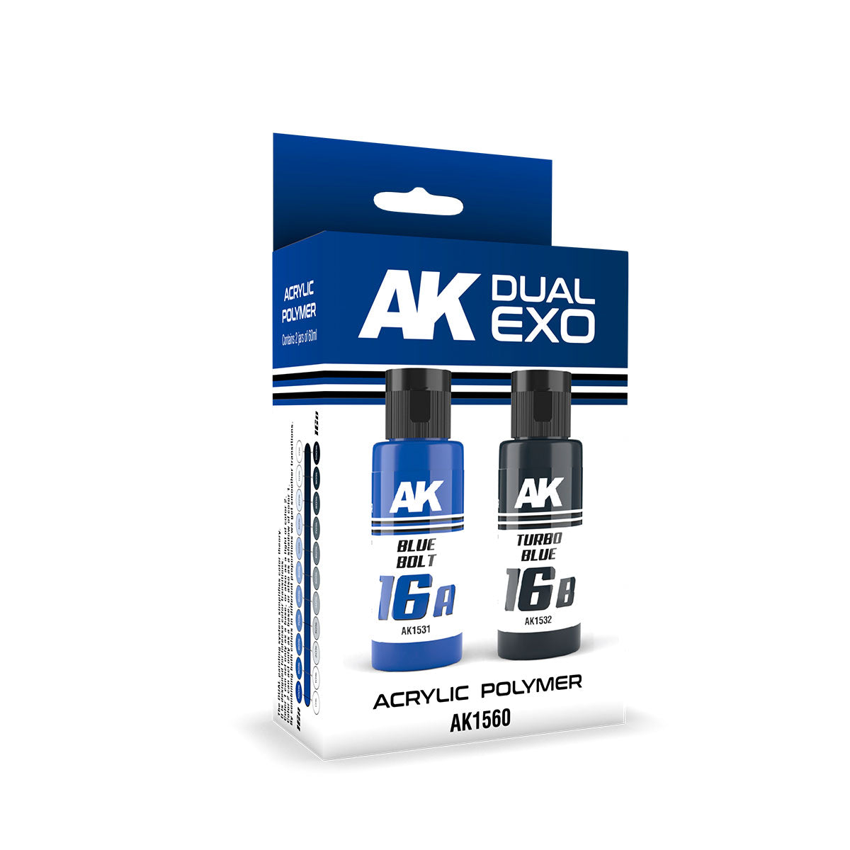 AK Dual Exo acrylic paint set. Two bottles: bright blue "Blue Bolt" and dark blue "Turbo Blue" in a box
