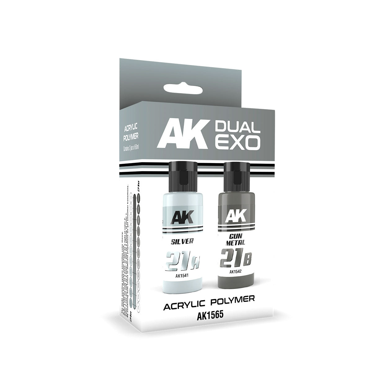 AK Dual Exo Acrylic Polymer paint set, AK1565. Two jars of Silver and Gun Metal colors