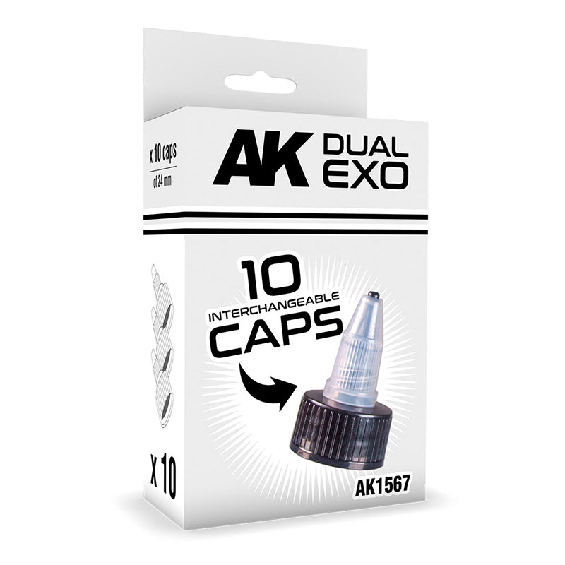 AK Dual Exo box with 10 interchangeable caps. The featured cap has a black threaded base and clear pointed tip