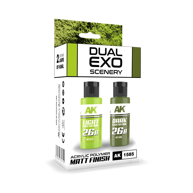 AK Interactive Dual Exo Scenery kit with two 60ml light & dark green acrylic vegetation bottles, matt finish