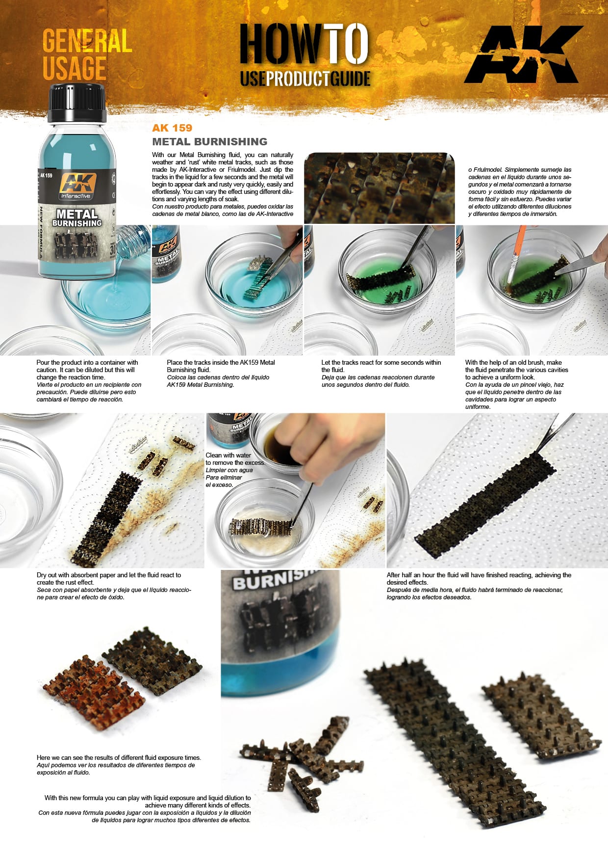 AK 159 Metal Burnishing guide: Bottle & steps showing model tank tracks dipped in liquid for a weathered, rusty effect.