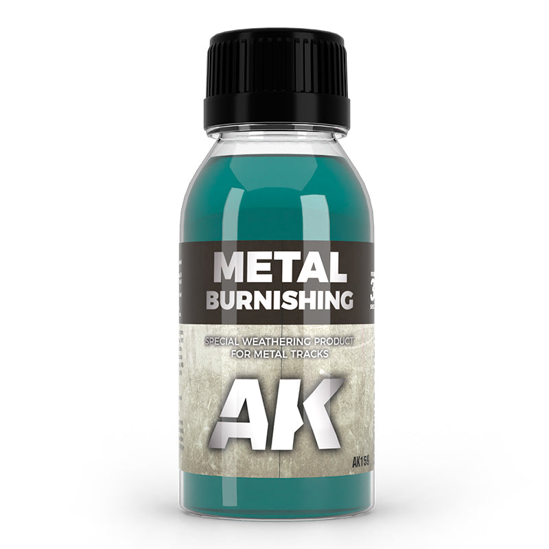 AK Metal Burnishing: clear bottle with teal weathering liquid for metal tracks.