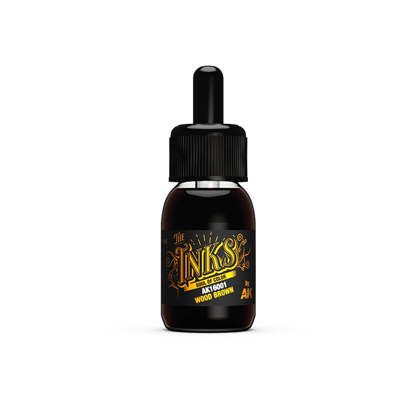 A small bottle of AK 'The Inks' Wood Brown ink with a black dropper cap on a white background