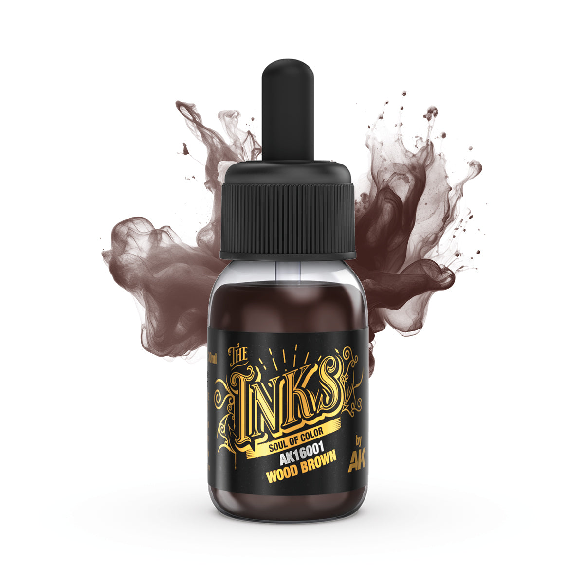 AK &#39;Wood Brown&#39; ink dropper bottle with swirling brown ink behind it