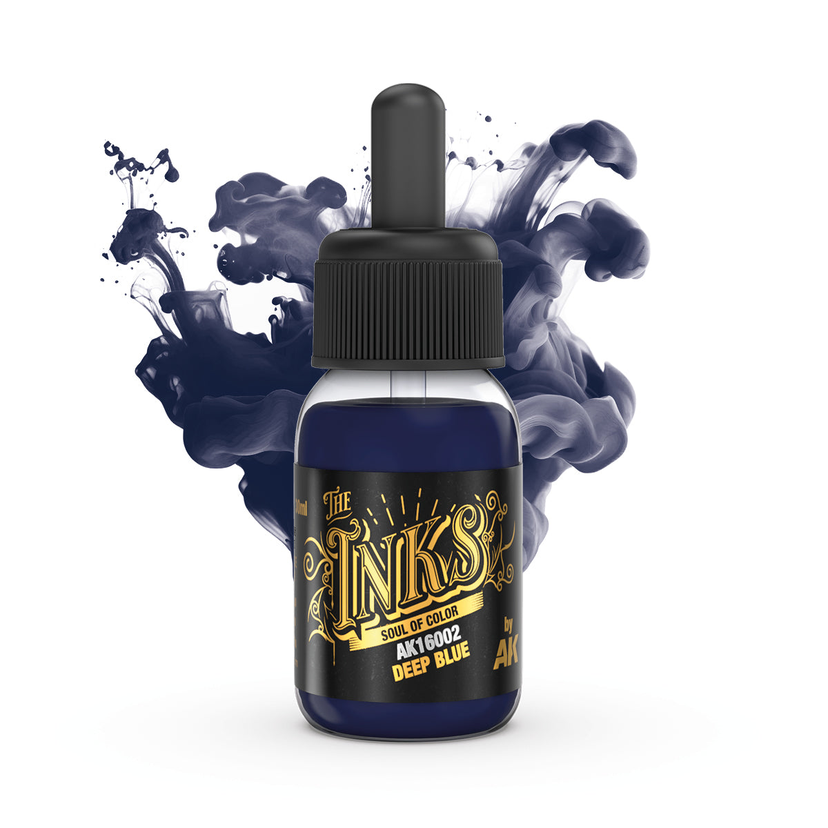 A deep blue ink bottle with a dropper, with dark blue ink dispersing in the background