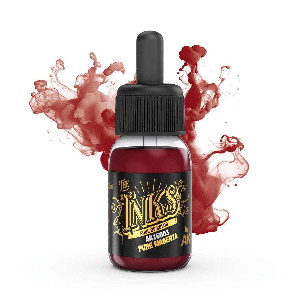 A bottle of Pure Magenta ink with a dropper cap, set against a background of swirling magenta ink clouds