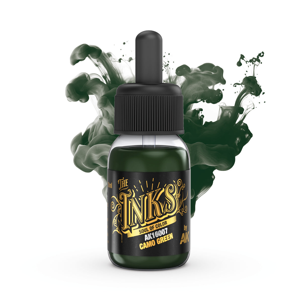 Green &quot;Camo Green&quot; ink bottle with a dropper cap dark green ink swirls dynamically in the white background