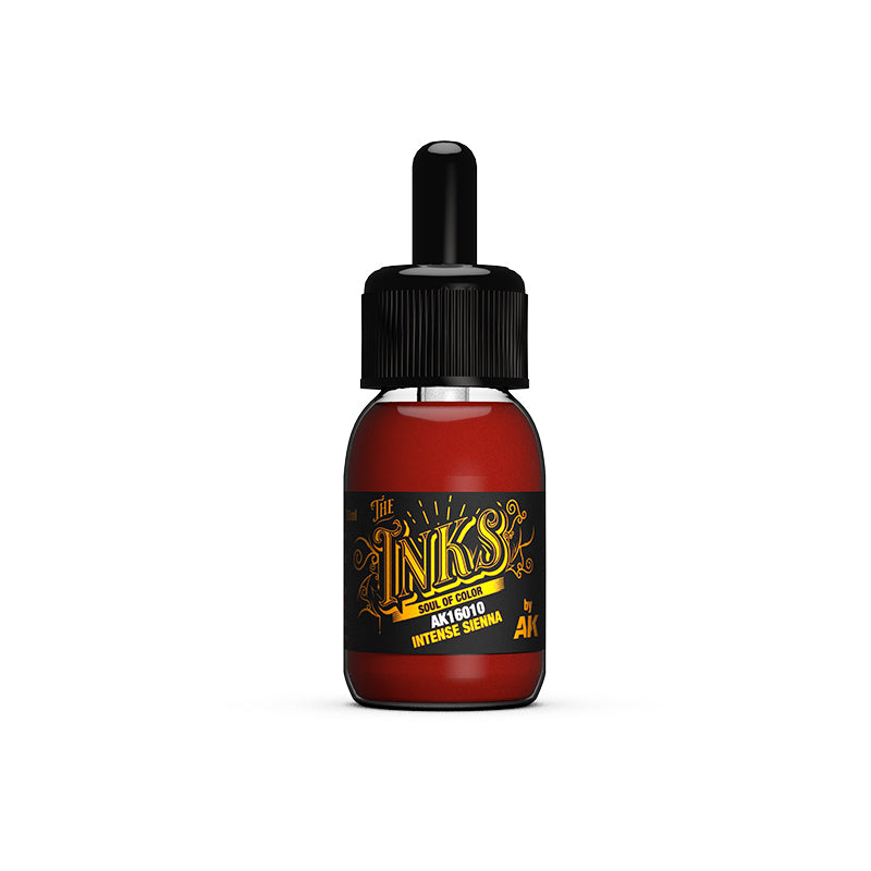 A small bottle of AK The Inks, Intense Sienna reddish-brown ink with a black dropper cap