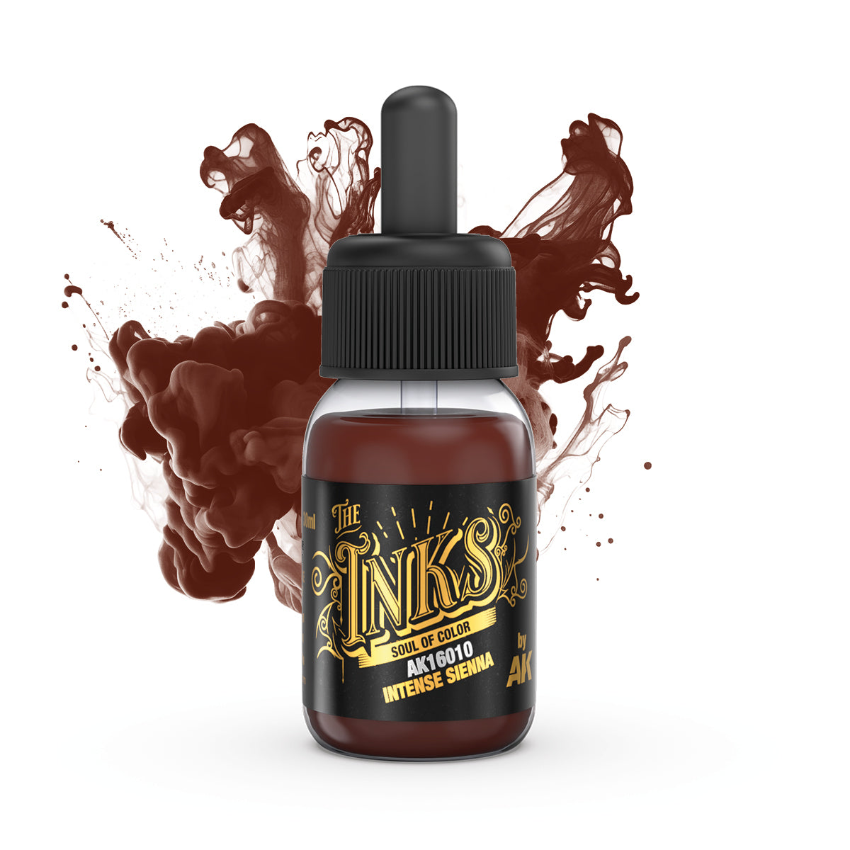 Intense Sienna brown ink dropper bottle with dynamic swirling ink and splatters