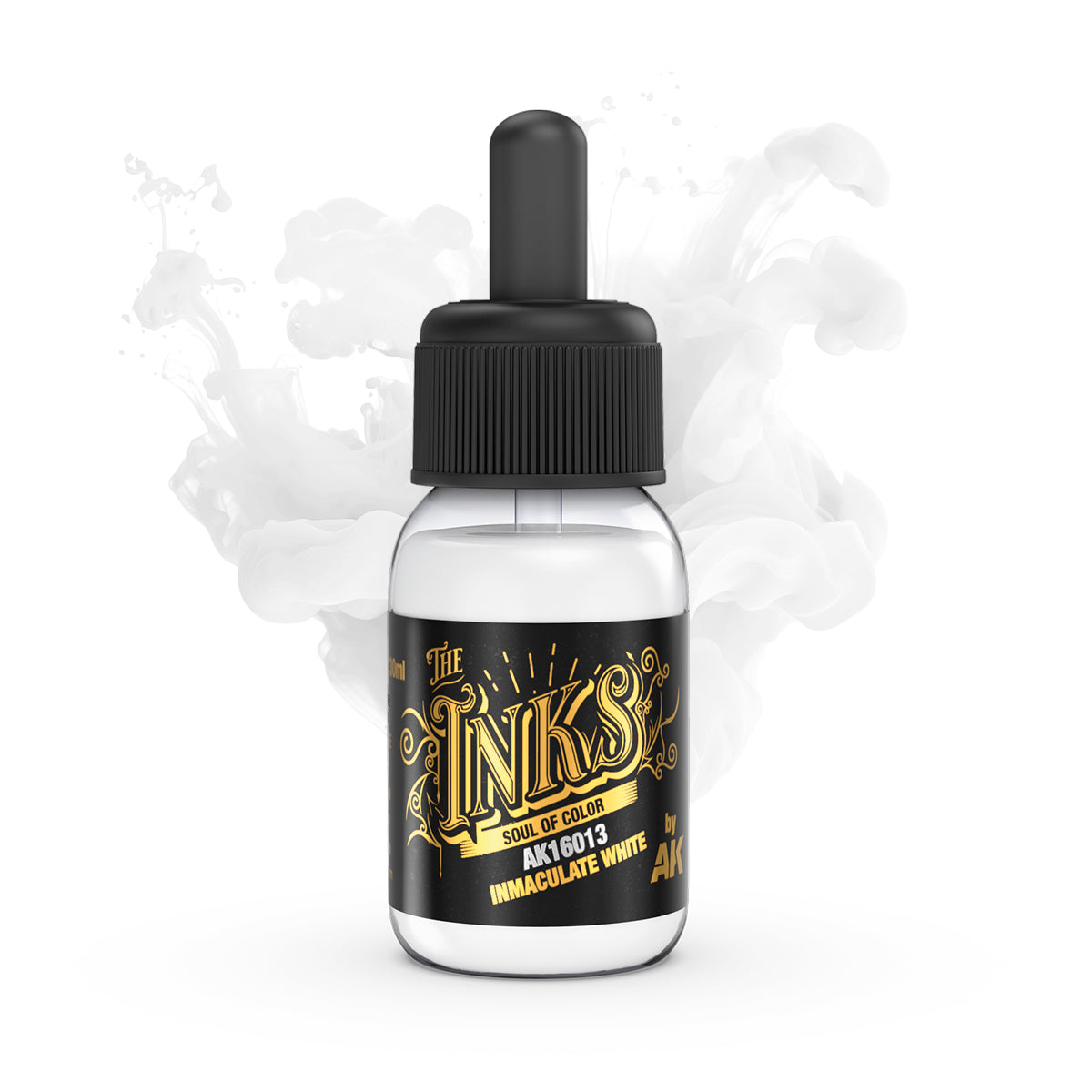 AK Immaculate White ink dropper bottle, with a black label and swirling white background