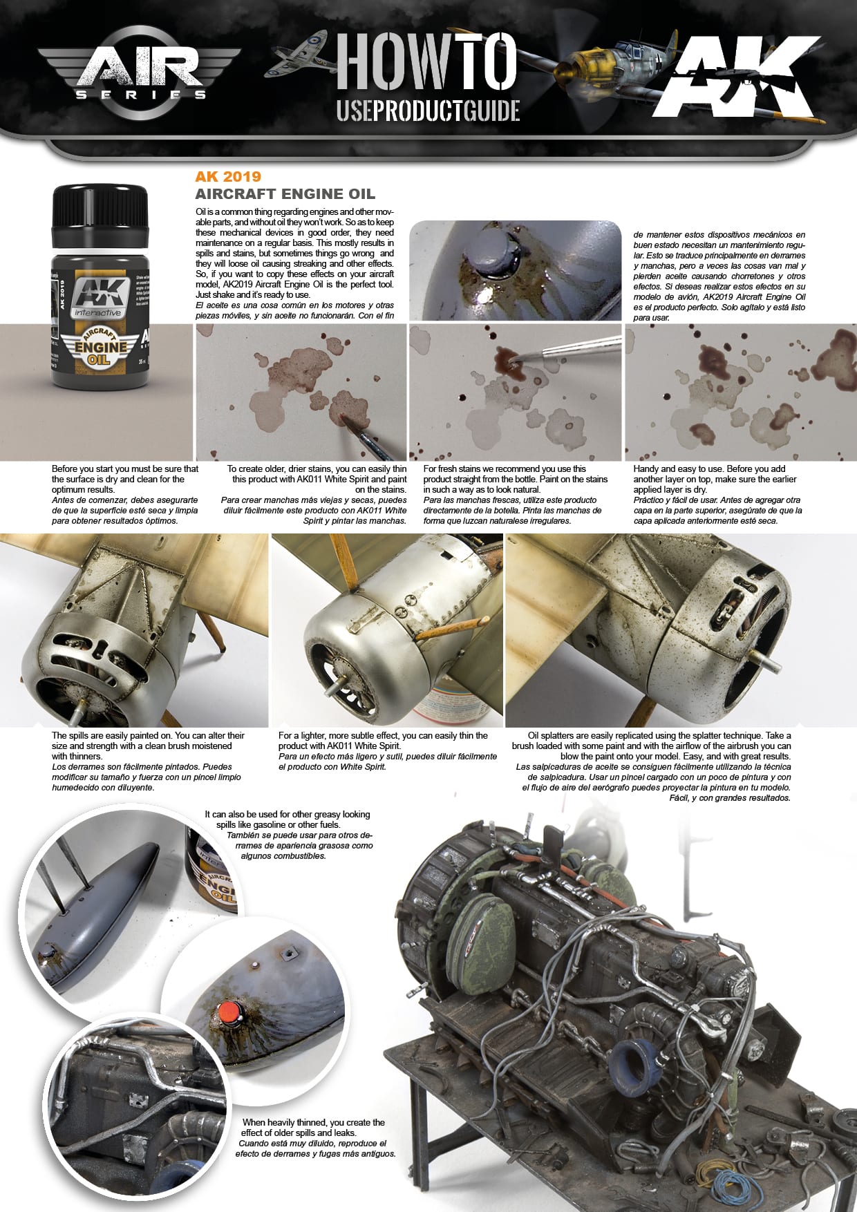 Visual guide demonstrating AK Interactive 2019 Engine Oil for realistic weathering and oil effects on scale aircraft models
