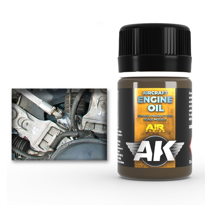 AK Interactive Brown bottle of "Aircraft Engine Oil" model paint, with a detail photo of a grimy engine
