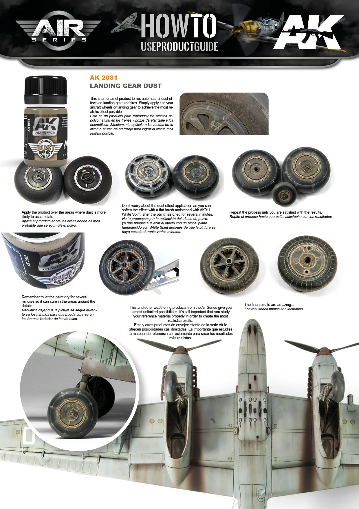 Guide showing application of dust weathering effect on model aircraft wheels and landing gear, from clean to realistic dusty finish