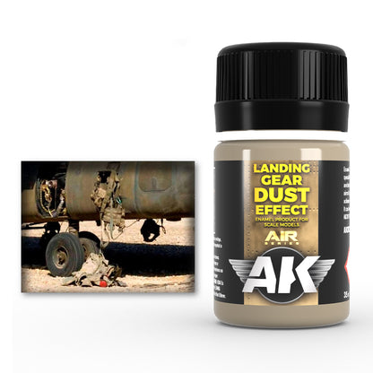 A bottle of "Landing Gear Dust Effect" paint next to a photo of a dusty military helicopter's landing gear