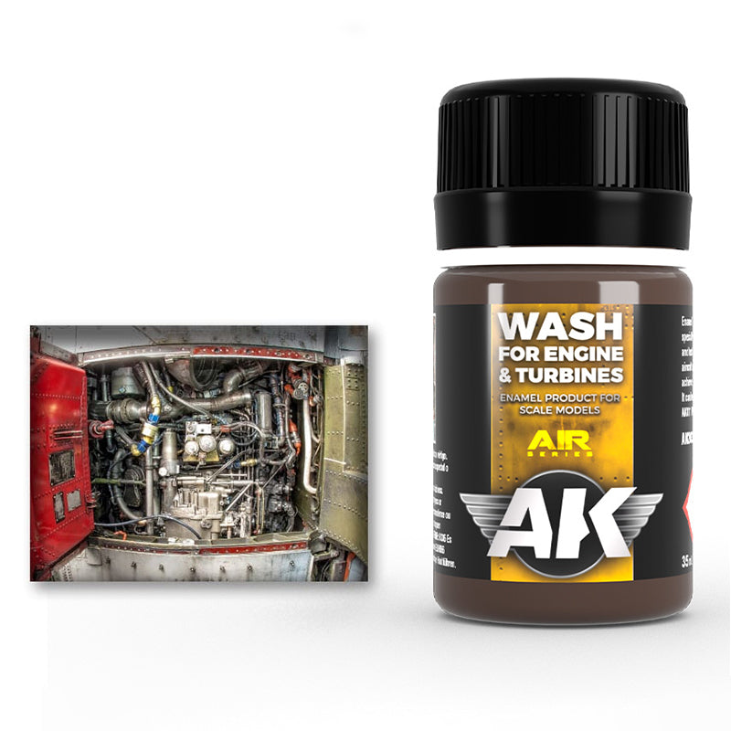 Brown bottle of AK 'Wash for Engine & Turbines' scale model paint next to a detailed aircraft engine