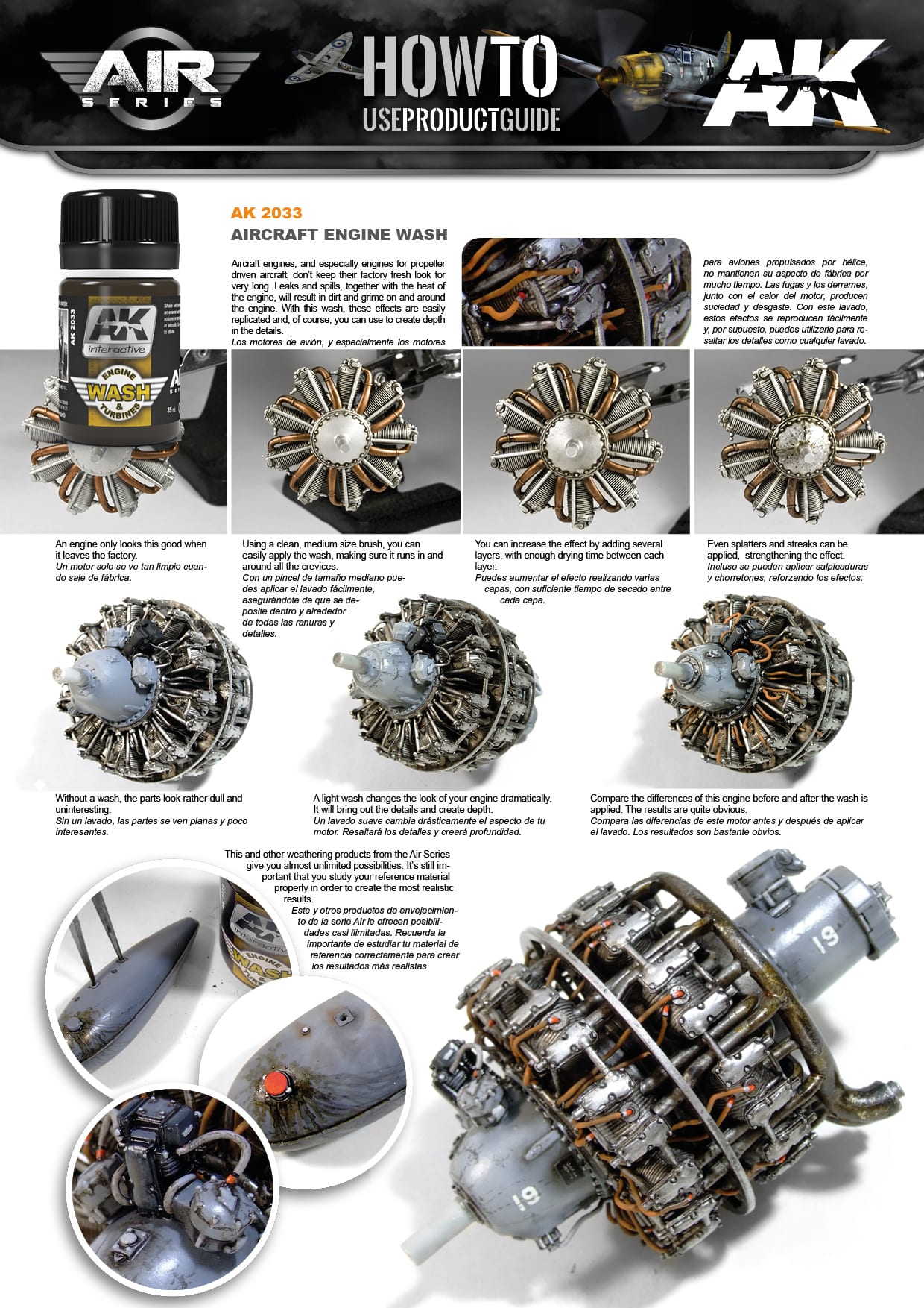 AK 2033 wash transforms a model radial aircraft engine to weathered realism, enhancing details
