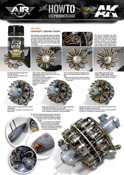 AK 2033 wash transforms a model radial aircraft engine to weathered realism, enhancing details