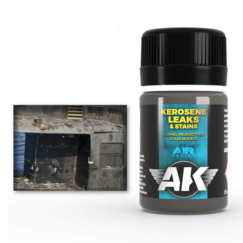 AK Kerosene Leaks & Stains model weathering paint, next to a grimy, stained model part