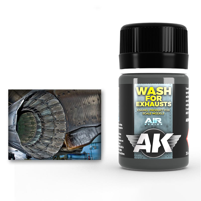 Bottle of "Wash for Exhausts" model paint next to a photo of a highly detailed, weathered jet engine exhaust