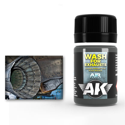 Bottle of "Wash for Exhausts" model paint next to a photo of a highly detailed, weathered jet engine exhaust