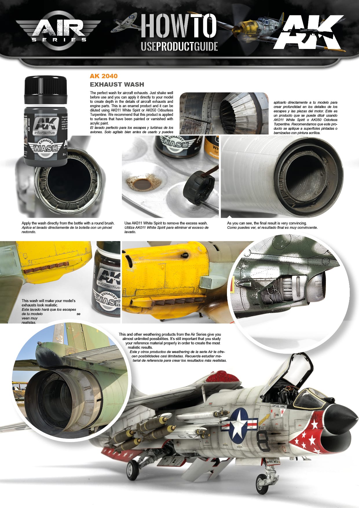 AK Interactive guide demonstrates applying exhaust wash for realistic weathering effects on model aircraft