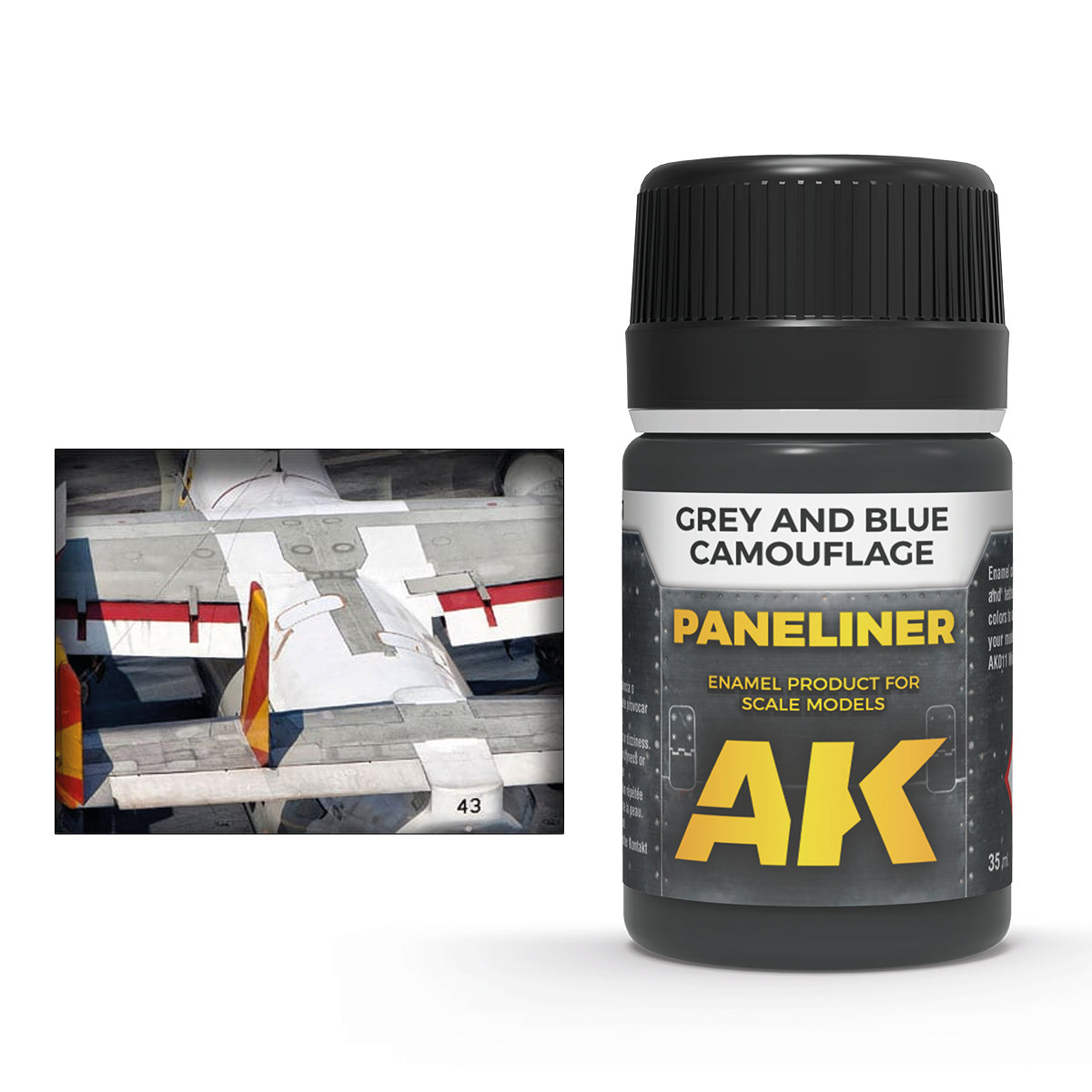 Bottle of AK Paneliner for scale models, next to a detailed close-up of an airplane model's underside