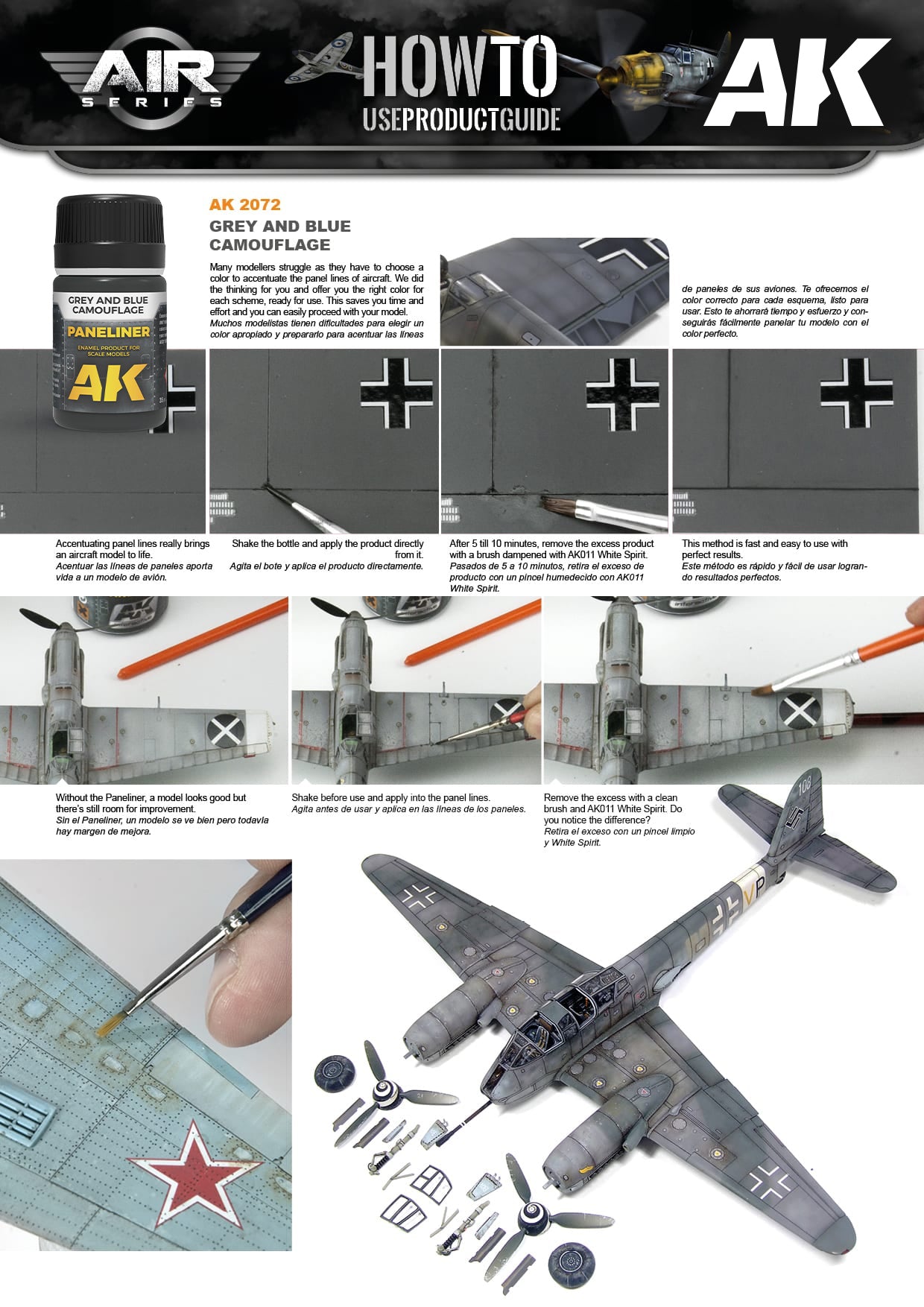 AK guide showing steps to apply panelliner to a scale model aircraft