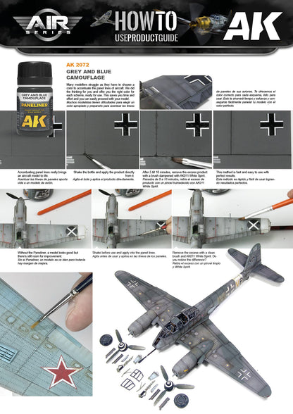 AK guide showing steps to apply panelliner to a scale model aircraft