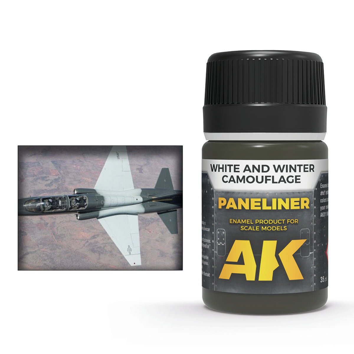 AK Paneliner bottle for scale models, white & winter camouflage, a grey and white USAF jet flies nearby