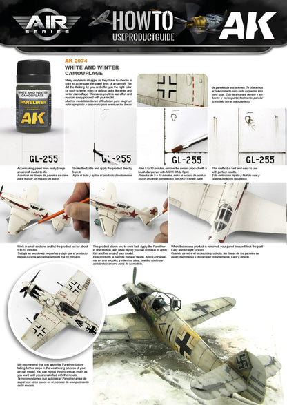 AK Paneliner product guide demonstrates applying dark wash to a white model airplane's panel lines 