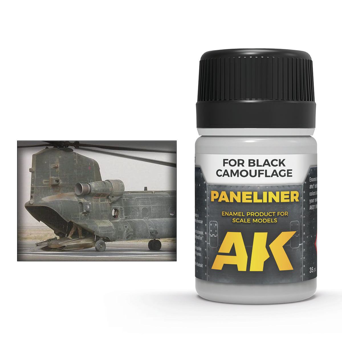 AK Panelliner for scale models, shown beside a weathered green Chinook helicopter with its rear ramp down