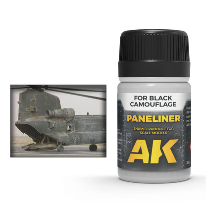 AK Panelliner for scale models, shown beside a weathered green Chinook helicopter with its rear ramp down