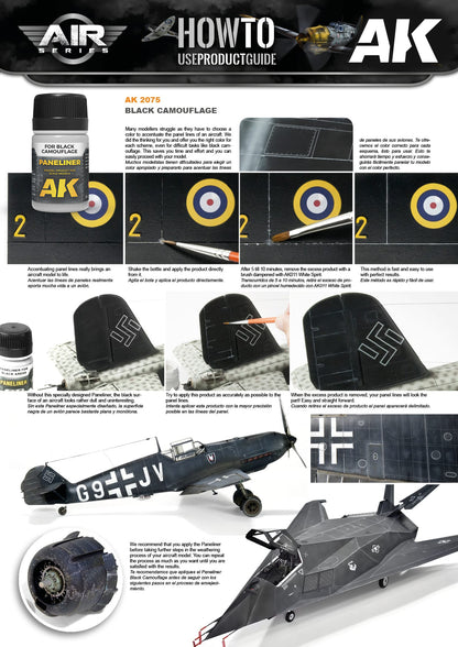 AK Interactive guide demonstrating panel liner application on scale model aircraft, highlighting surface details