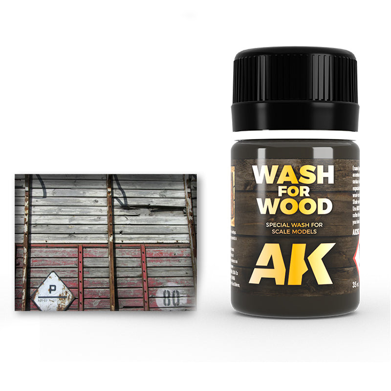 AK "Wash for Wood" scale model weathering product bottle beside a photo of heavily weathered wooden planks