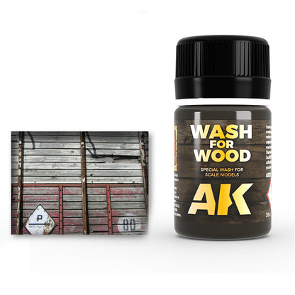 AK "Wash for Wood" scale model weathering product bottle beside a photo of heavily weathered wooden planks