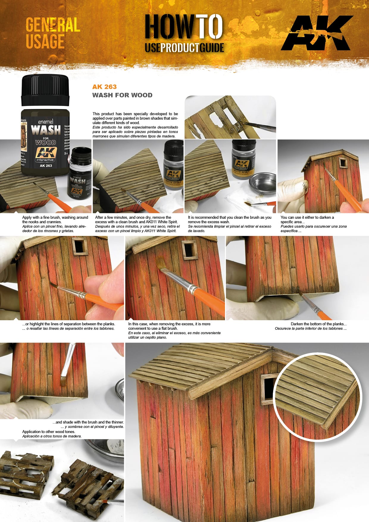 AK 263 Wash for Wood product guide, shows a brush applying wash to a miniature wooden model to create weathering