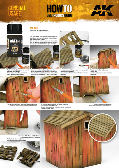 AK 263 Wash for Wood product guide, shows a brush applying wash to a miniature wooden model to create weathering