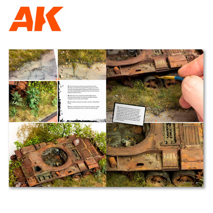Hand painting a realistic, rusted model tank diorama with overgrown vegetation and cracked ground.