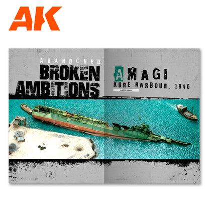 Modeling magazine spread showing the abandoned, partially submerged Amagi aircraft carrier in Kure Harbour, 1946.