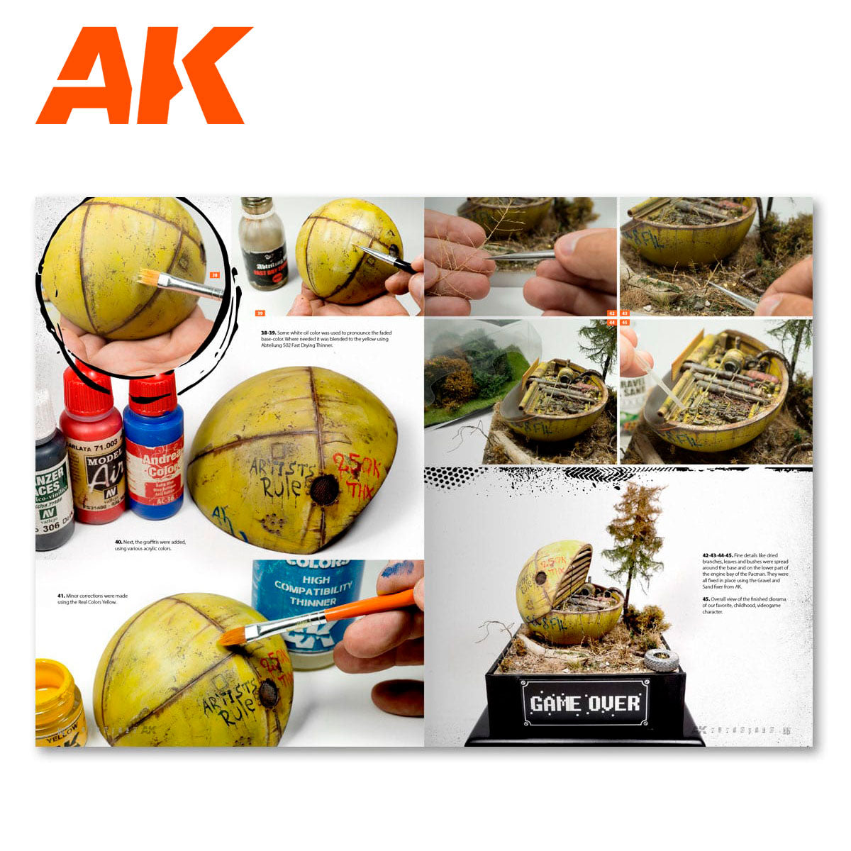 Steps to build a "Game Over" diorama from a coconut shell, with painting and miniature landscaping shown.