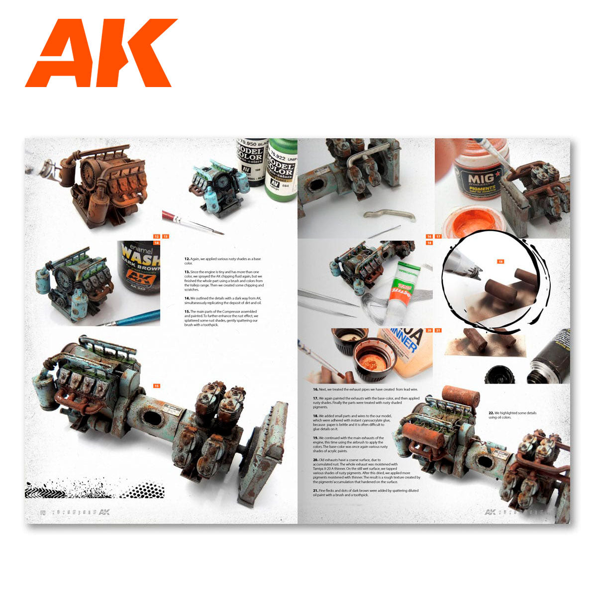 AK modeling guide illustrating the step-by-step painting and weathering of miniature engine models.