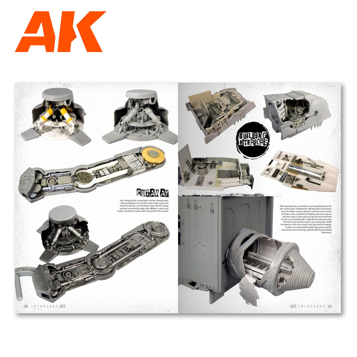 AK models: Detailed gray plastic model kit parts illustrating complex interiors, engine components, and cutaway views.
