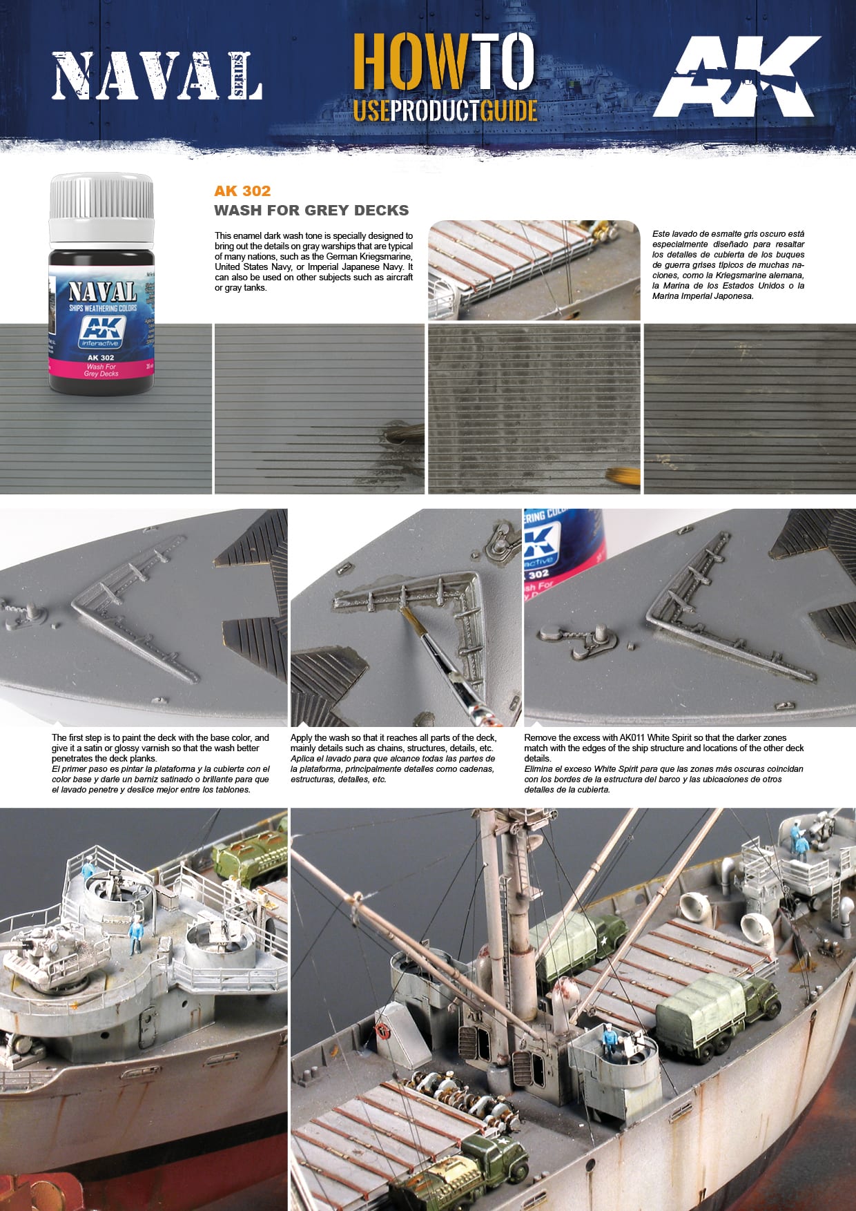How-to guide: Weathering a model warship's grey deck with AK 302 wash, showing application and detailed results