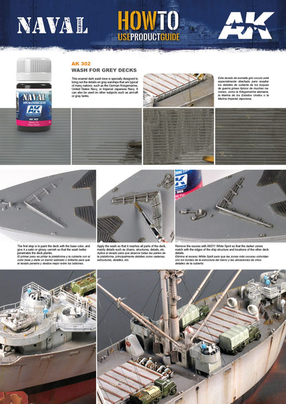How-to guide: Weathering a model warship's grey deck with AK 302 wash, showing application and detailed results