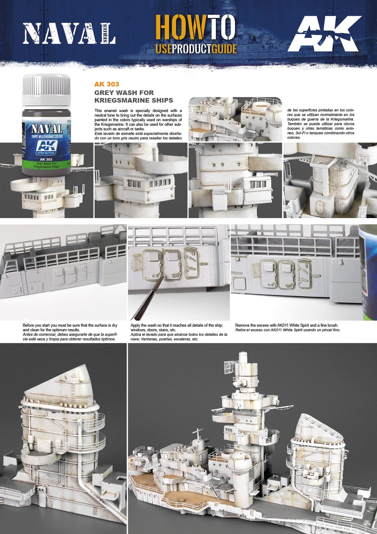 A product guide showing AK 303 Grey Wash applied to a Kriegsmarine model ship for weathering effects